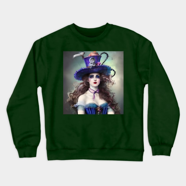 Victorian steampunk woman big hat in blue. Crewneck Sweatshirt by Tuff Tees